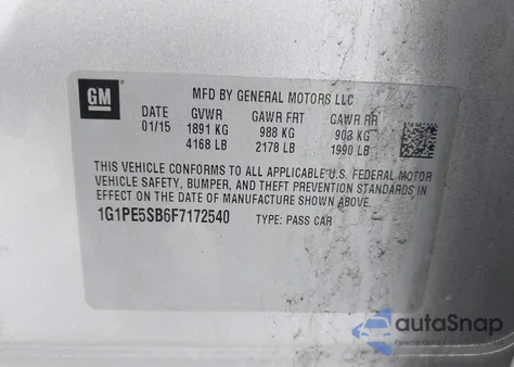 2015 Chevrolet Cruze 2Lt Auto из США, поврежденный, VIN 1G1PE5SB6F7172540